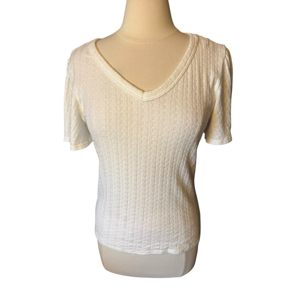 Lush Knit V Neck Top Ribbed Cream Flutter Sleeve Women’s XL Feminine Ivory